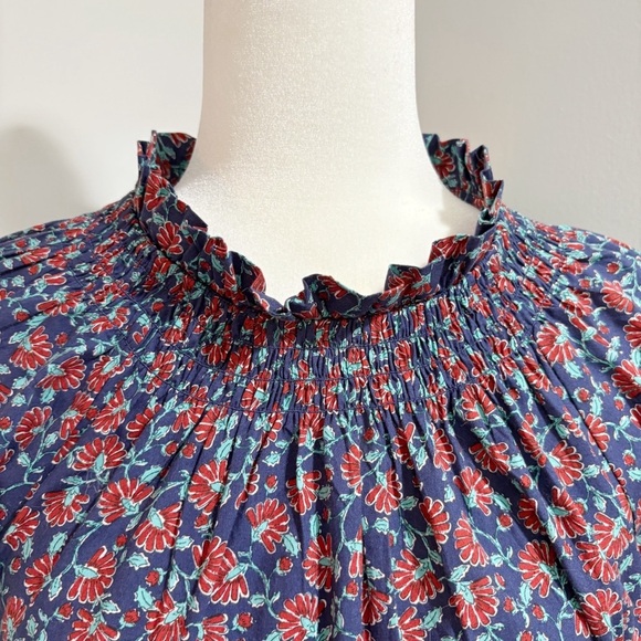 J. Crew Factory Printed Smocked-Neck Top Size XS Floral Navy Autumn High Neck - Picture 7 of 16